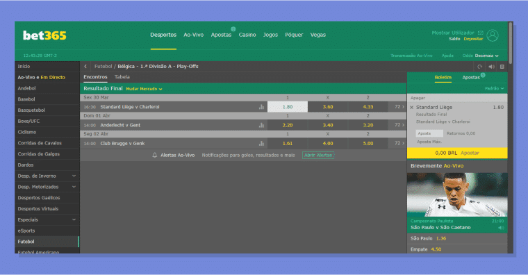 Colocando suas apostas na Bet365