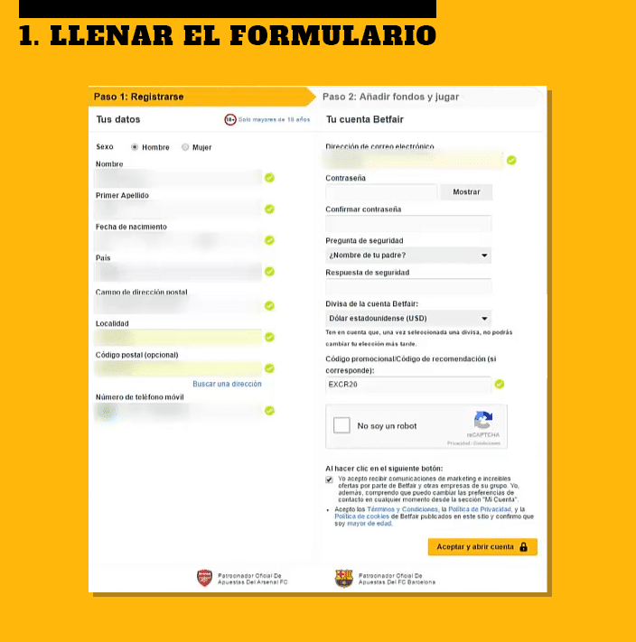 formulario para crear cuenta en Betfair - Apuestas Deportivas Betfair
