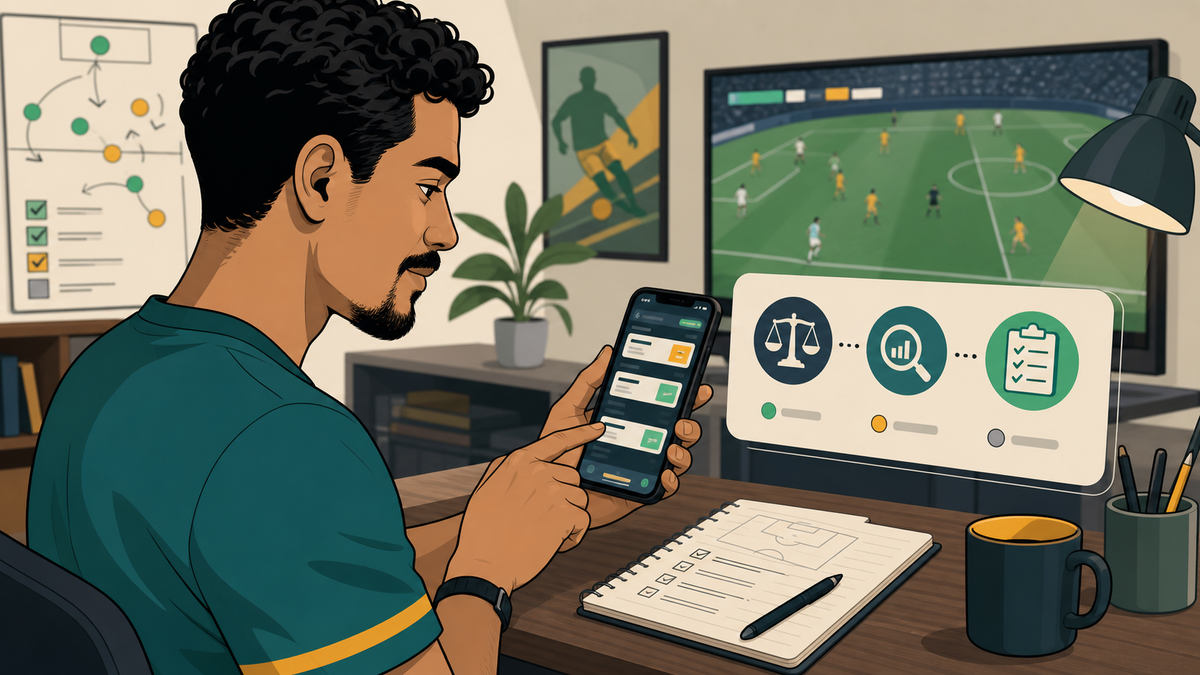 Ilustração de apostador comparando odds no celular antes de apostar em futebol.