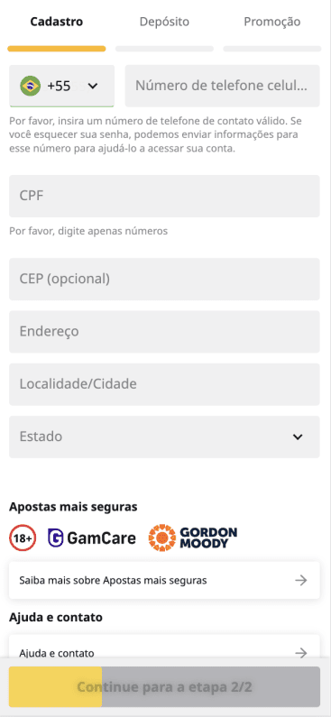 Tela de cadastro da Betfiar