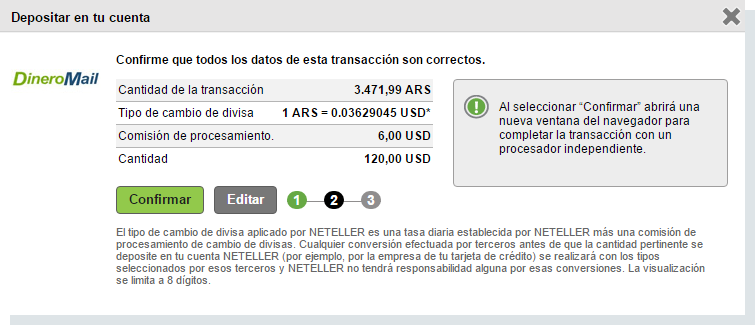 Confirmar cantidad a depositar en Neteller com Dineromail