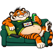 Tigrinho em cartoon, relaxado no sofá, com celular de caça-níquel sobre a barriga