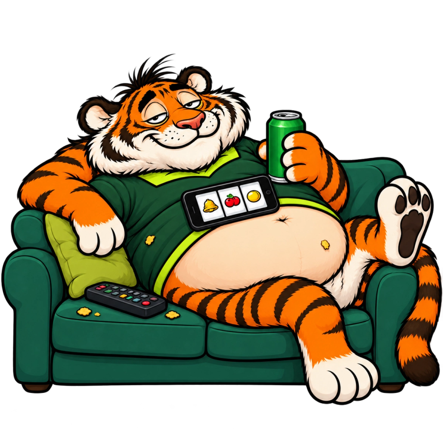 Tigrinho em cartoon, relaxado no sofá, com celular de caça-níquel sobre a barriga