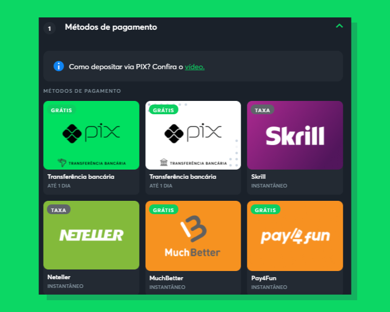 opções disponibilizadas pela plataforma