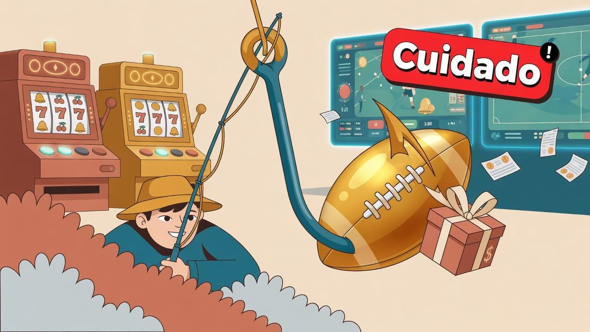 A giant fishing hook capturing a shiny golden football with a gift box attached