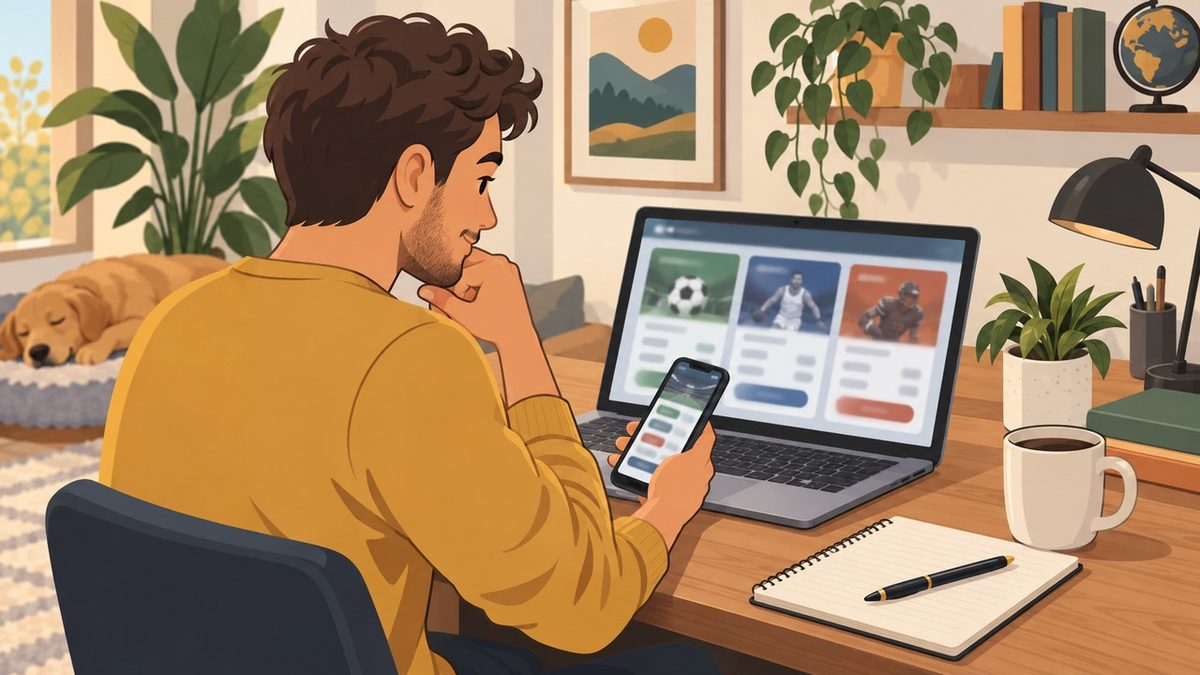 Persona comparando bonos de bienvenida de casas de apuestas en una laptop