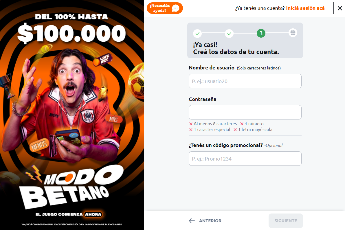 Ultimo paso del registro en betano, aquí debes colocar el código promocional betano