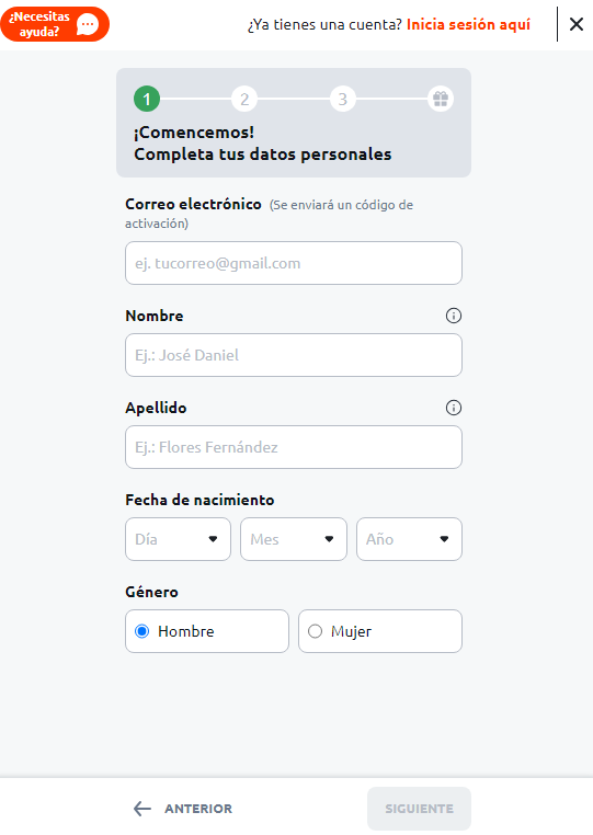Formulario de registro de Betano Perú