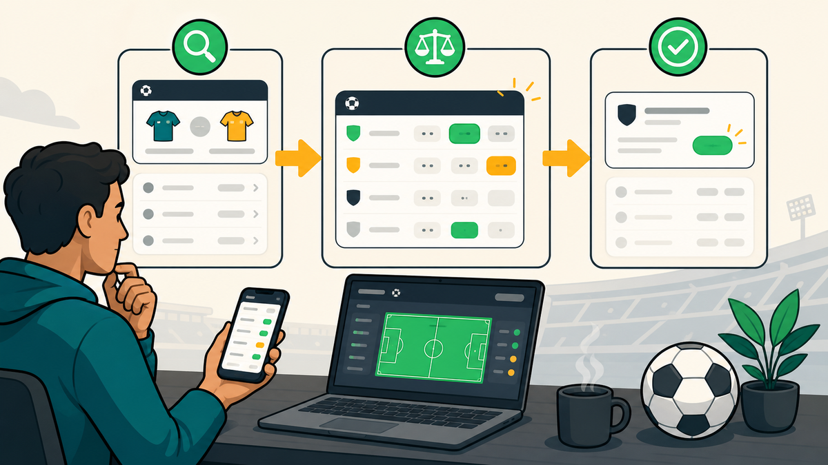 Ilustração em três etapas mostrando pesquisa, comparação e abertura da melhor opção de odds.