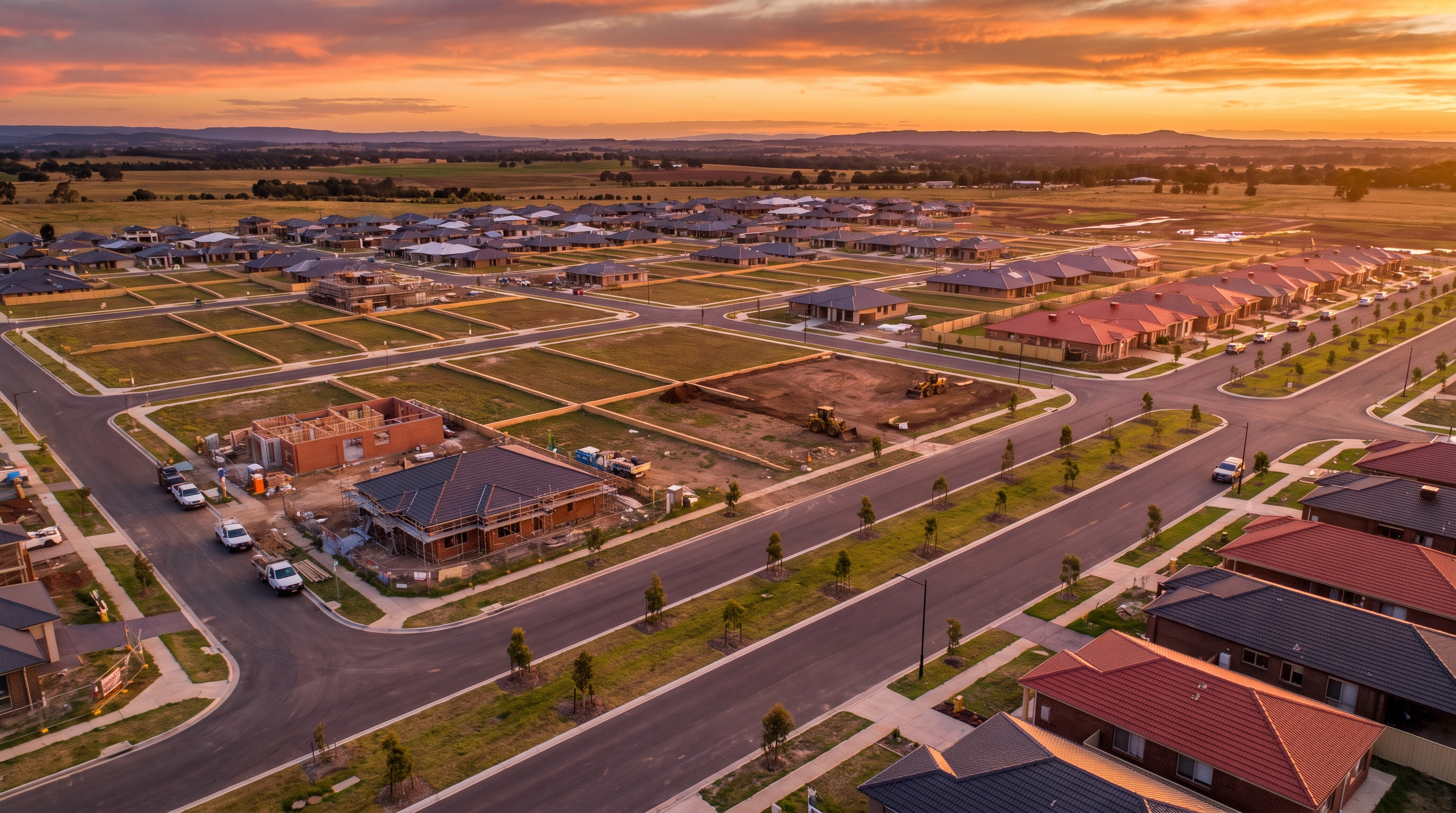 Aerial view of a planned DHA-style housing society at golden hour showing rapid development and rising plot values — MyProperties Lahore