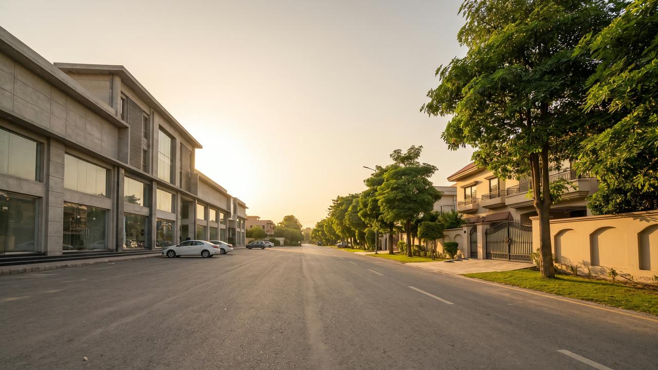 Split street view in a planned Lahore suburb showing a modern commercial plaza on one side and a quiet residential street on the other
