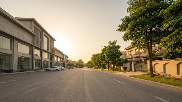 Split street view in a planned Lahore suburb showing a modern commercial plaza on one side and a quiet residential street on the other