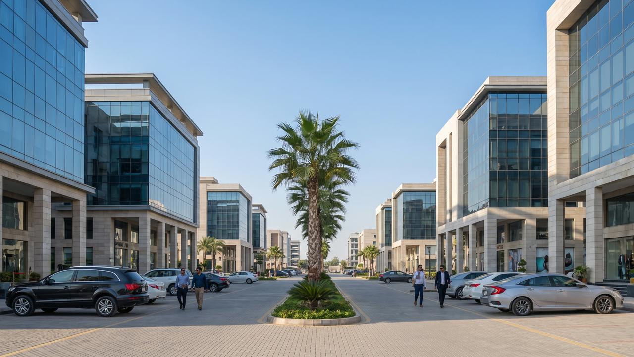 Modern commercial plaza street in DHA Phase 8 Broadway Commercial, Lahore, with glass-fronted buildings and parked cars