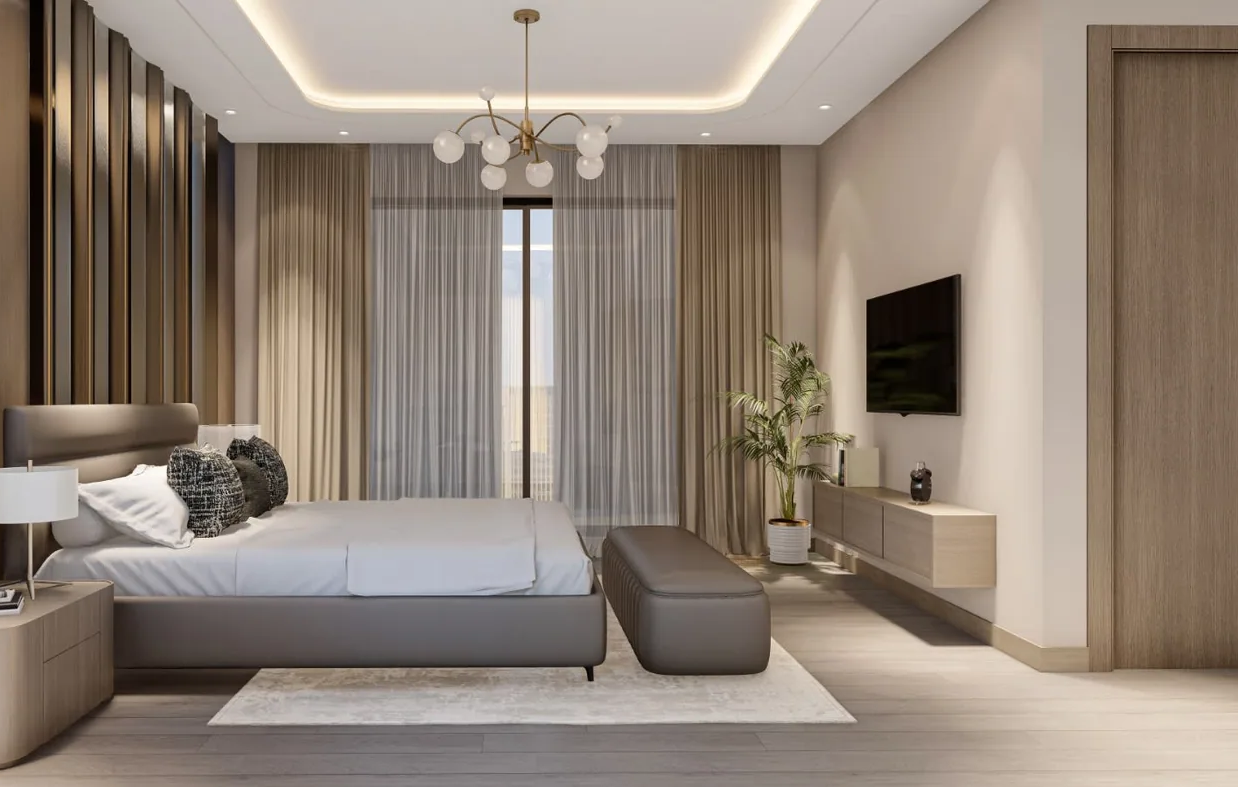 Modern finished bedroom interior render at Heaven 20 Heights showing standard flooring, wardrobe, and window finishes included in the unit price
