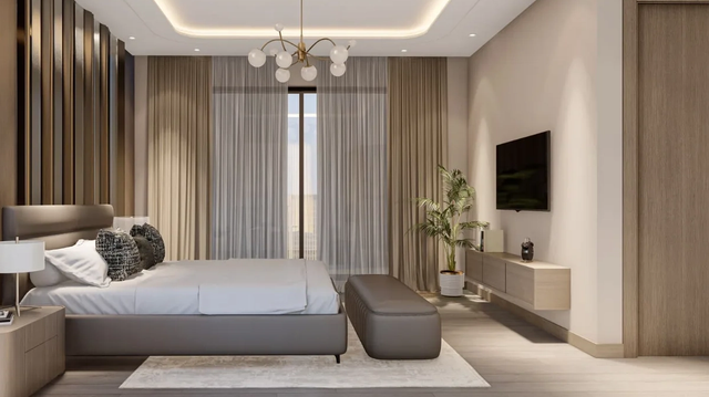 Modern finished bedroom interior render at Heaven 20 Heights showing standard flooring, wardrobe, and window finishes included in the unit price