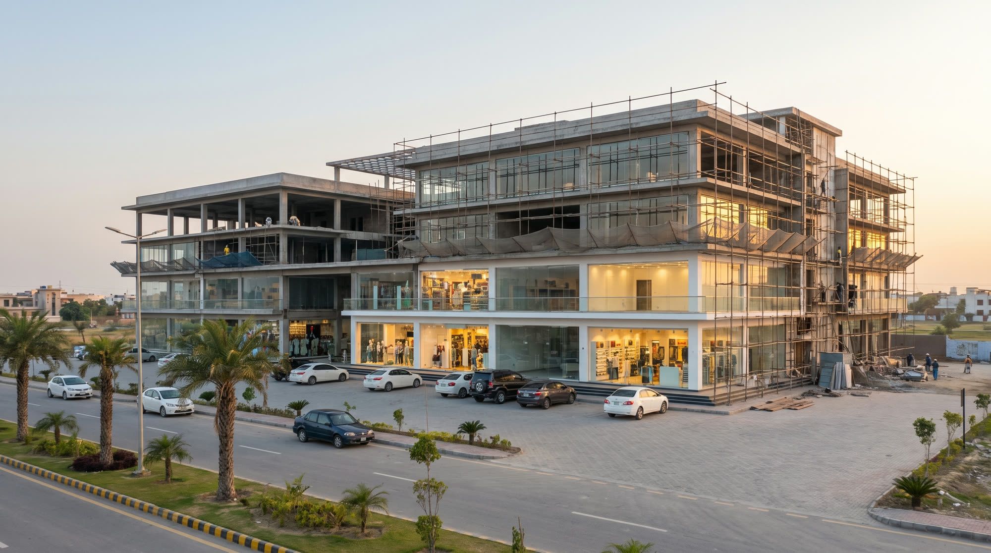 Commercial plaza building in DHA Phase 8 with occupied lit ground-floor retail and upper floors still under construction with scaffolding