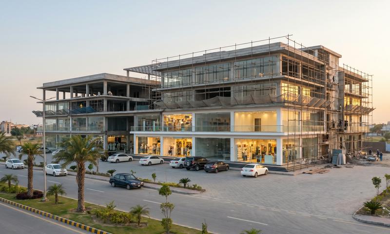 Commercial plaza building in DHA Phase 8 with occupied lit ground-floor retail and upper floors still under construction with scaffolding