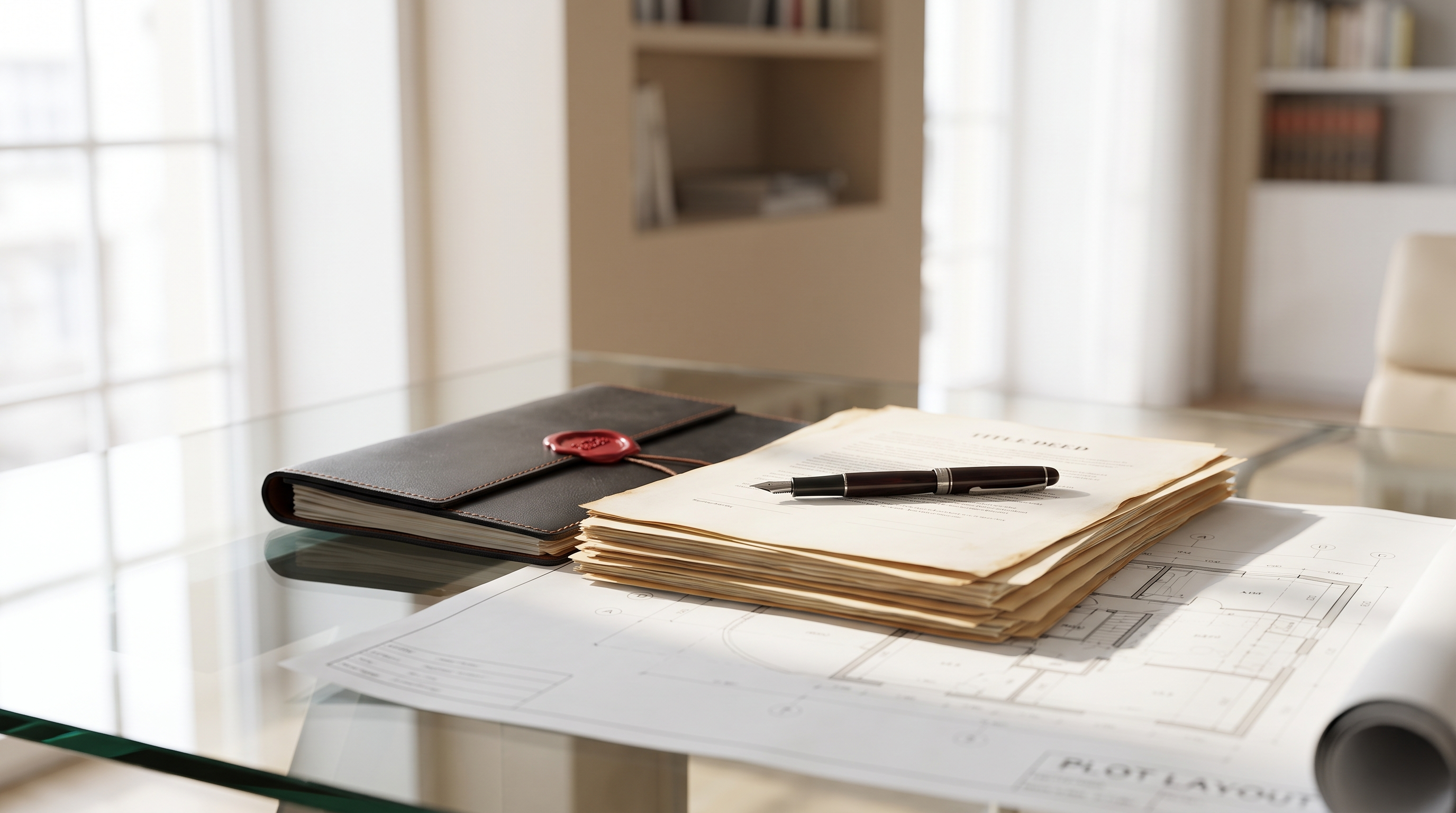 Stack of legal property documents and a title deed on a desk symbolising careful verification before a property sale — MyProperties Lahore