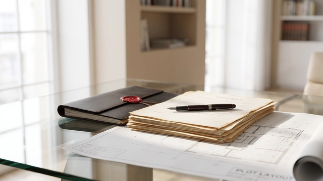 Stack of legal property documents and a title deed on a desk symbolising careful verification before a property sale — MyProperties Lahore