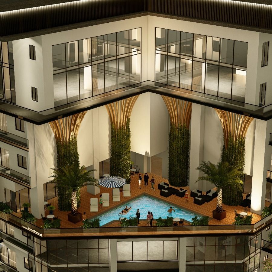 Exterior render of the Heaven 20 Heights high-rise apartment tower in Askari 11, Lahore, viewed from ground level against a clear sky