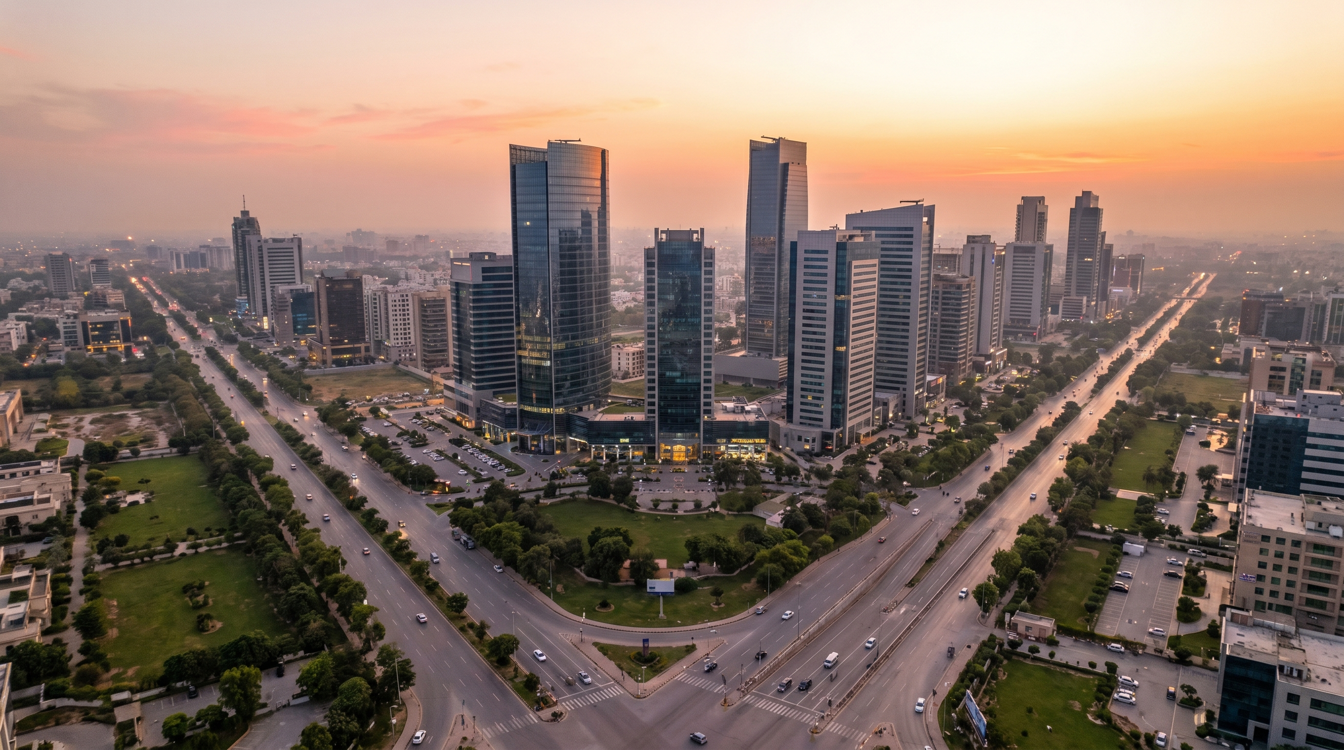 Aerial view of a modern Lahore skyline at golden hour symbolising real estate investment growth after Budget 2026-27 — MyProperties Lahore