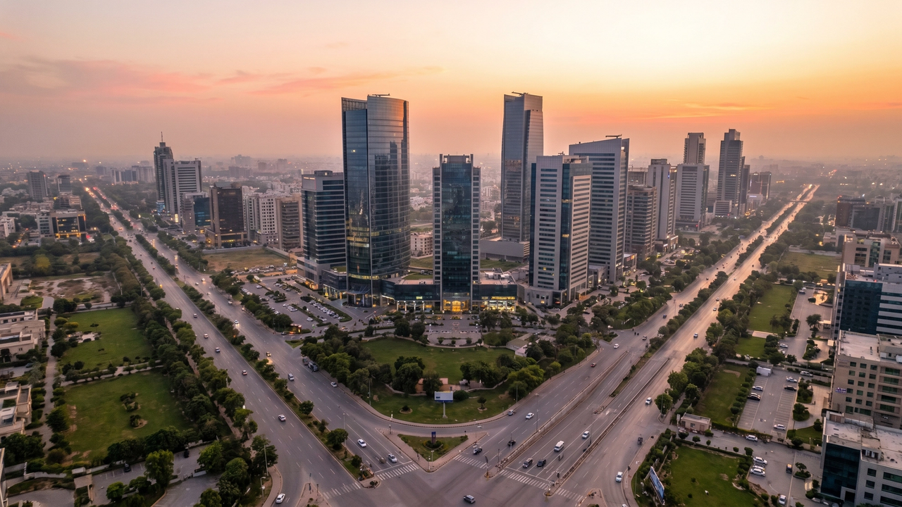 Aerial view of a modern Lahore skyline at golden hour symbolising real estate investment growth after Budget 2026-27 — MyProperties Lahore