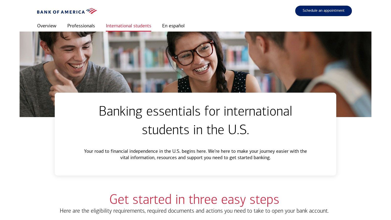 Bank of America — International Students hub + Advantage SafeBalance Banking