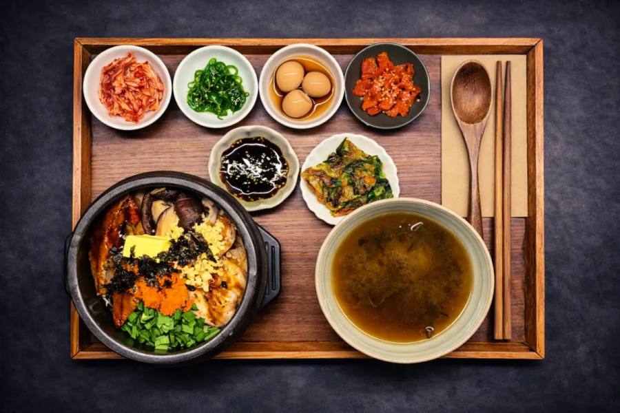 Seafood Rice Pot — Prawns, teriyaki-glazed eel, tobiko and shiitake mushrooms in a sizzling hot stone bowl with garlic chives, sesame oil, butter & tenkasu. Best mixed all up for a flavour-packed bite.