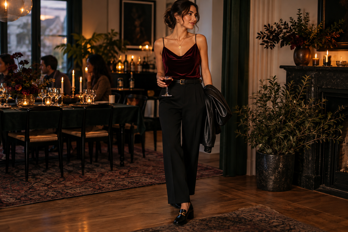 Woman wearing a burgundy velvet top, black tailored trousers, loafers and a black leather jacket at an evening party
