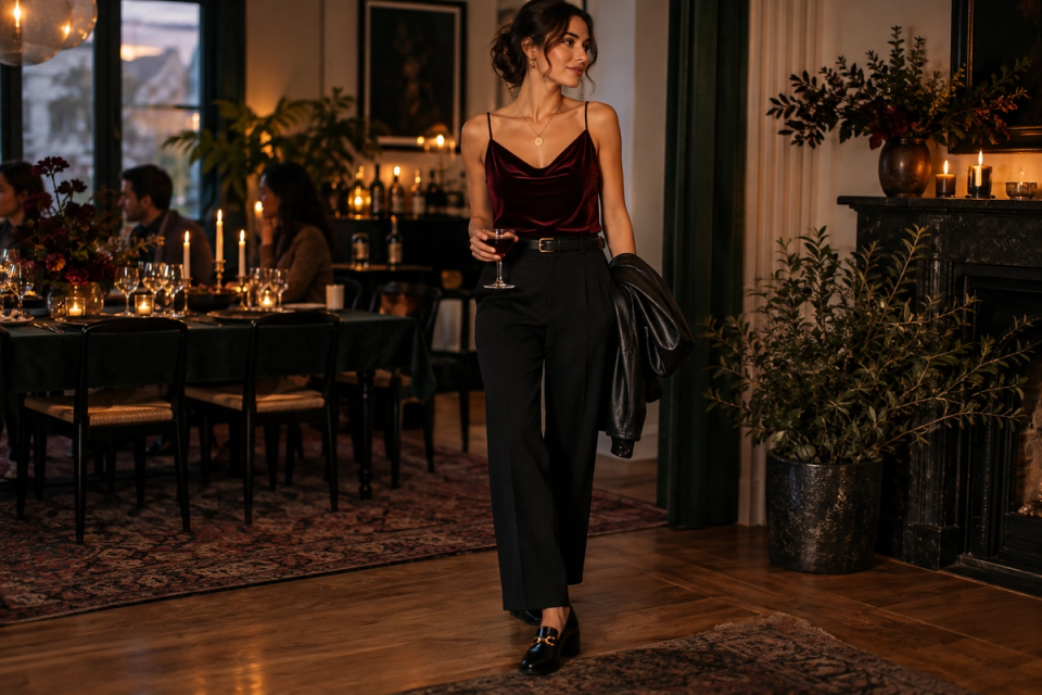Woman wearing a burgundy velvet top, black tailored trousers, loafers and a black leather jacket at an evening party