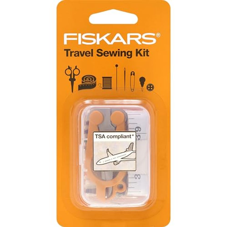 Orange Fiskars compact travel sewing kit