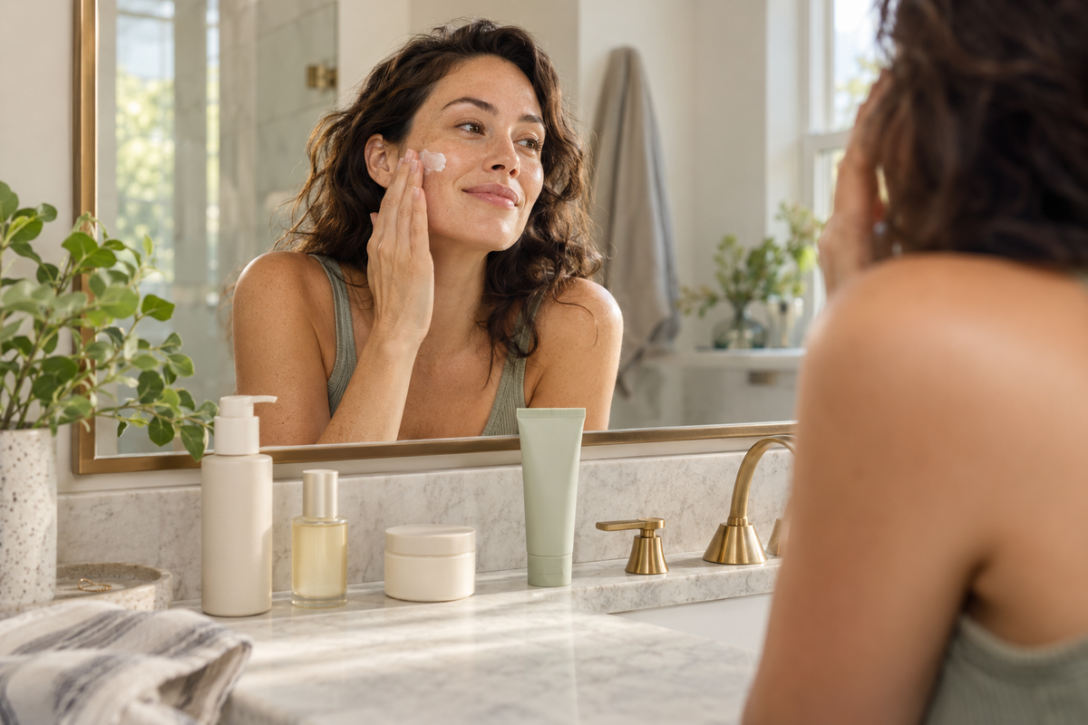 Woman applying moisturizer beside a compact morning skincare routine