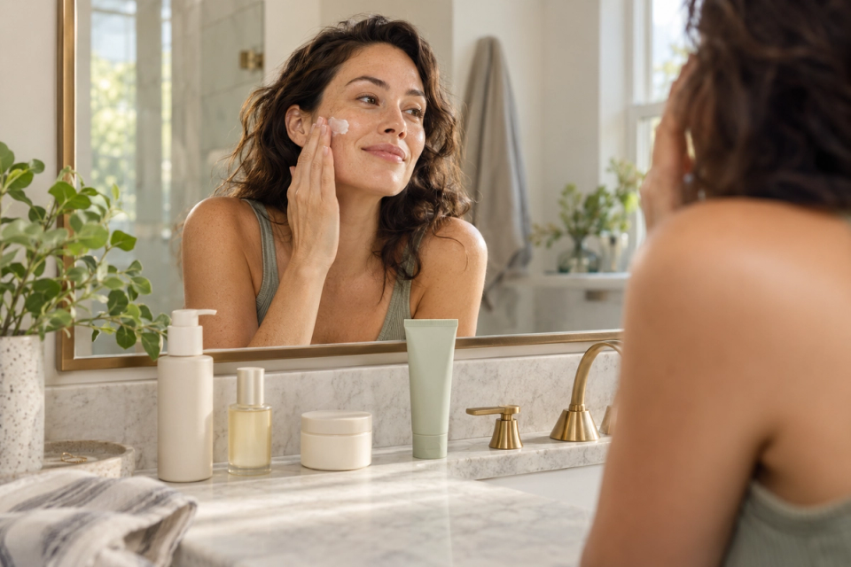 Woman applying moisturizer during a simple morning skincare routine at a bathroom vanity