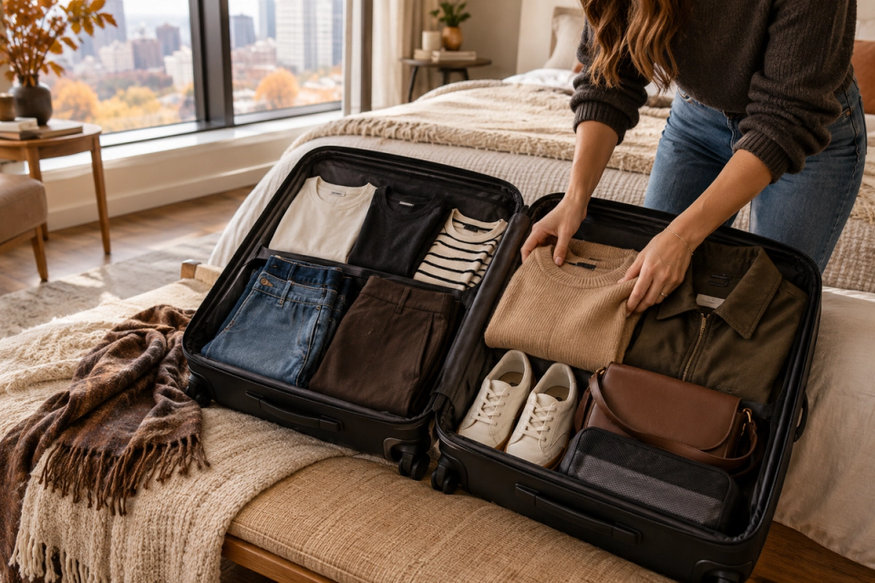 Open carry-on packed with a coordinated fall capsule wardrobe in cream, charcoal, denim and brown