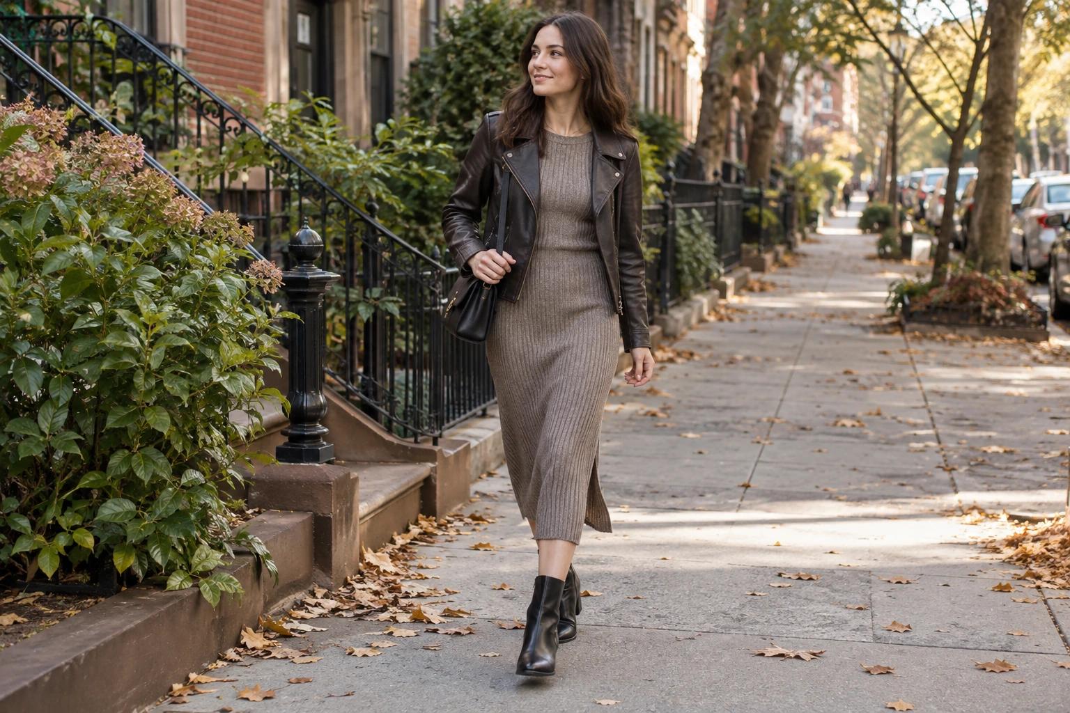 Leather jacket knit dress