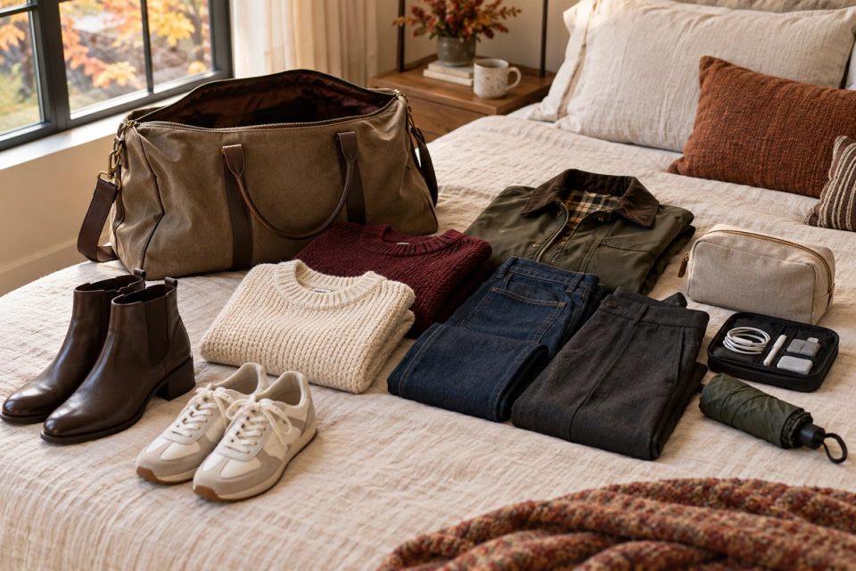 Open weekender bag beside a compact three-day fall capsule with sweaters, trousers, jacket, boots, sneakers and small travel organizers