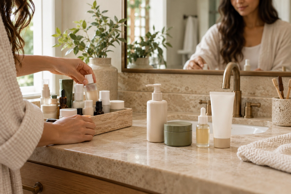 Woman simplifying an overfilled skincare routine into a small set of everyday products
