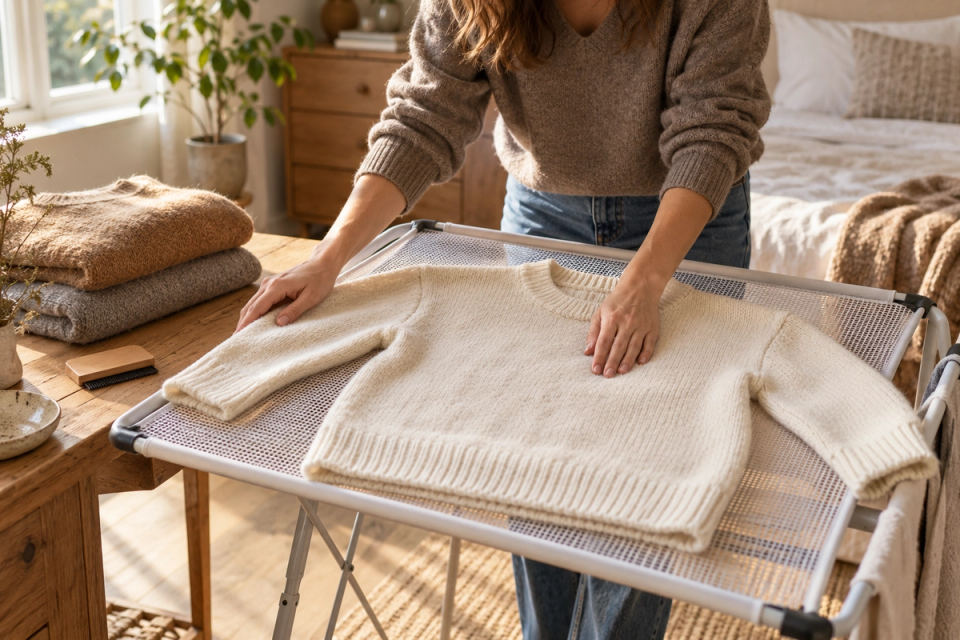 Woman reshaping a cream sweater on a flat drying rack in warm natural daylight