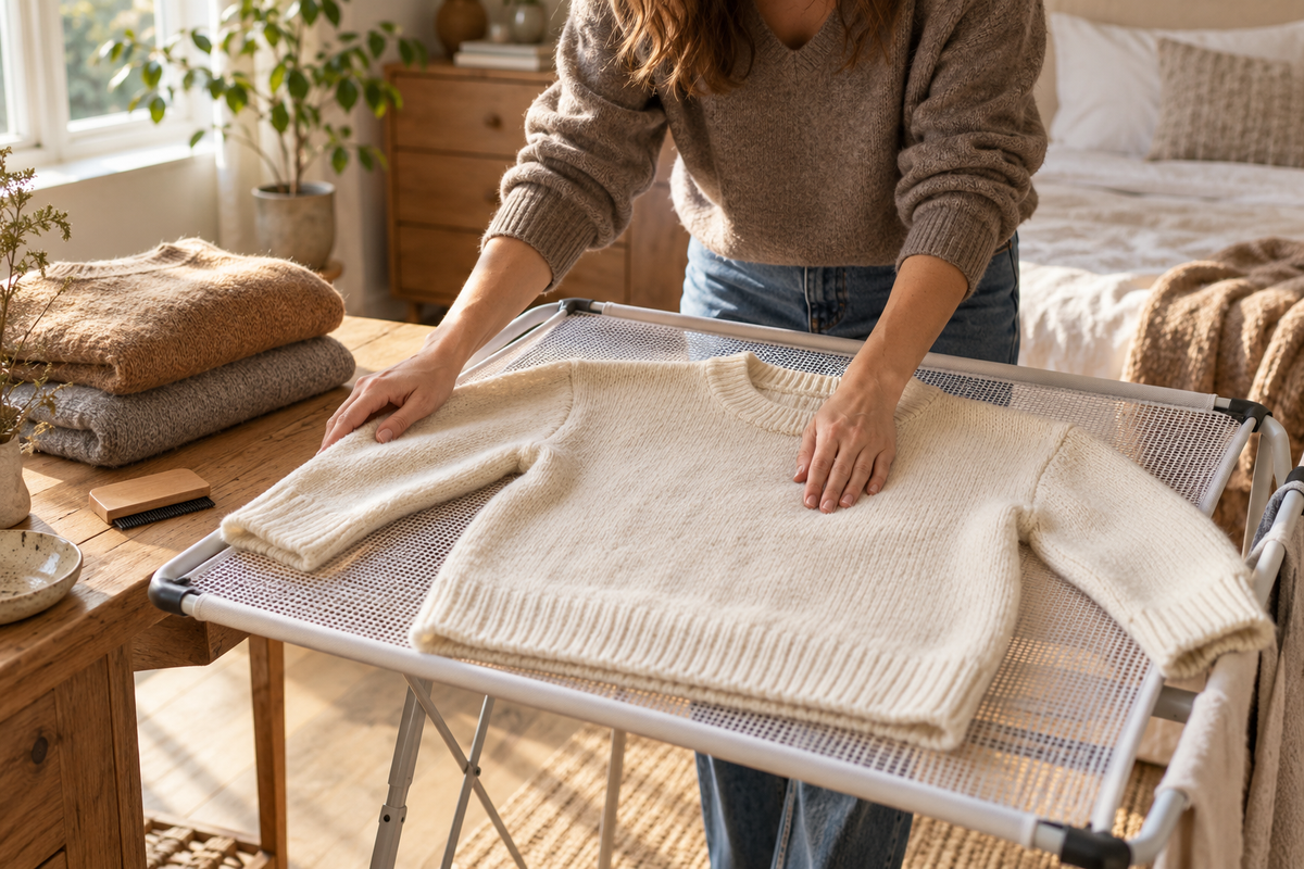 Woman reshaping a cream sweater on a flat drying rack in natural light