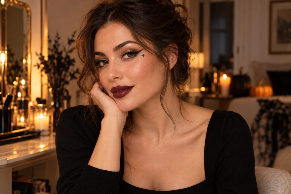 Woman wearing achievable Halloween makeup with graphic black eyeliner, a small star detail and deep berry lipstick