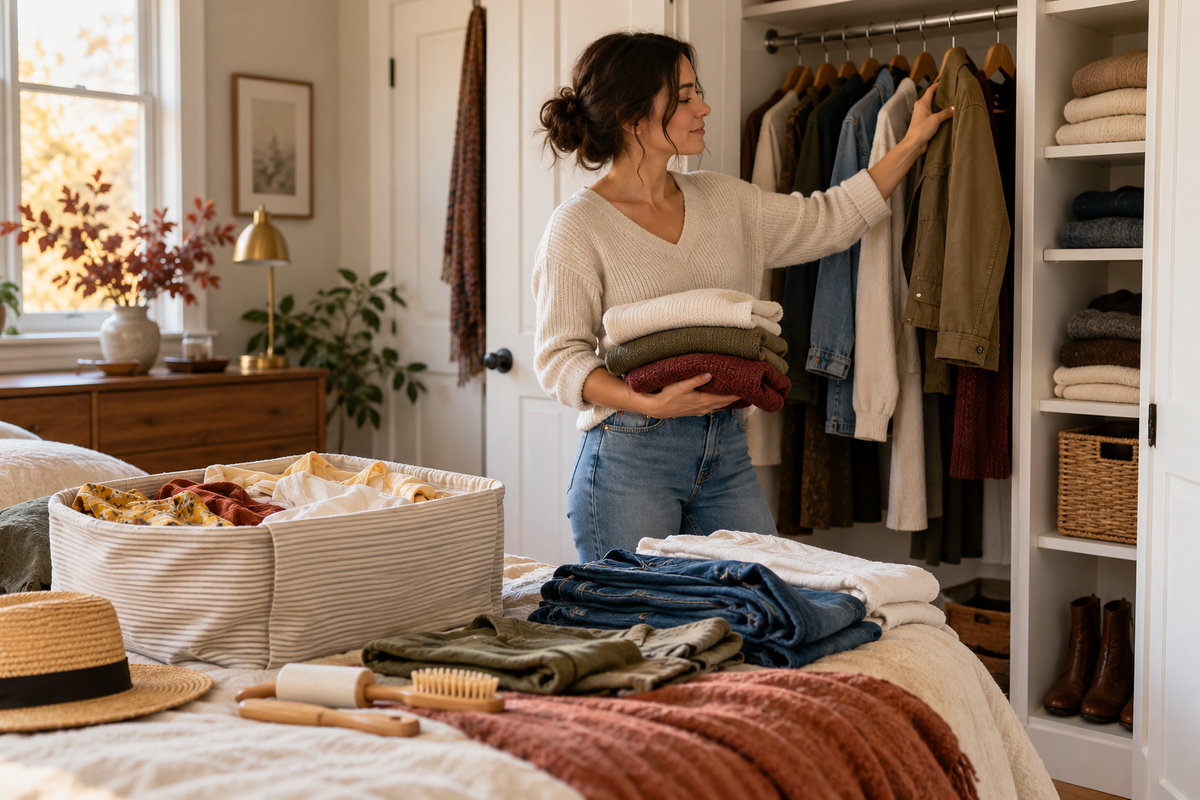 Woman transitioning a realistic closet from summer pieces to fall knits, jeans and light jackets