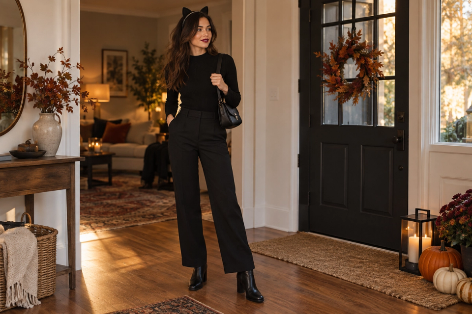 Woman in an all-black outfit with subtle cat ears, berry lipstick and ankle boots for a last-minute Halloween look
