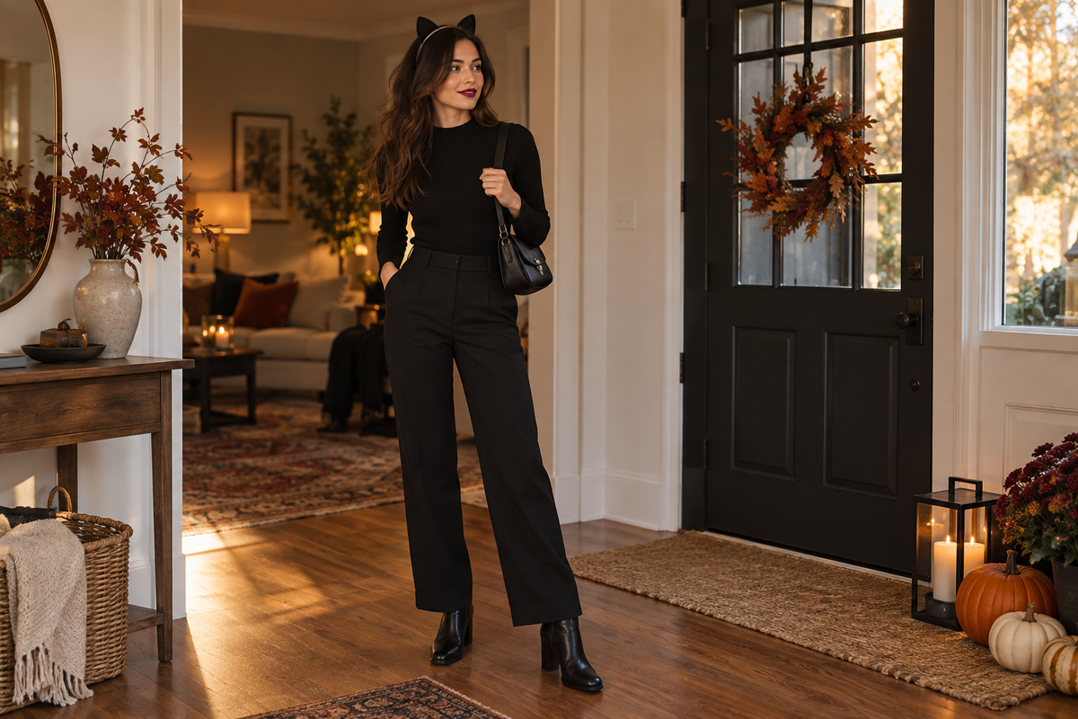 Woman in an all-black outfit with subtle cat ears, berry lipstick and ankle boots for a last-minute Halloween look