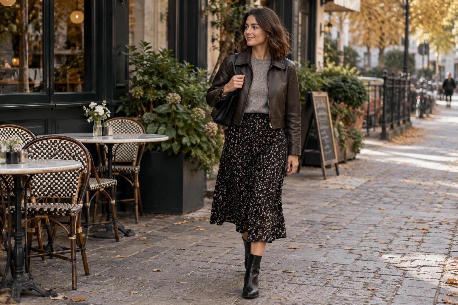 Leather jacket midi skirt