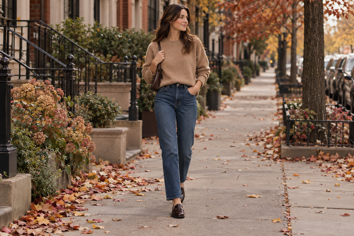 Woman wearing a camel crewneck sweater, straight jeans, loafers and a shoulder bag on a fall day