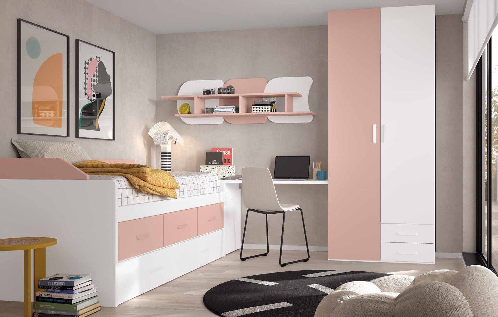 Dormitorio juvenil W•010 con compacto y acabados ROSADO, BLANCO.