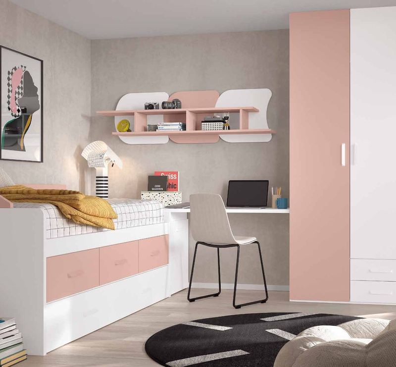 Dormitorio juvenil W•010 con compacto y acabados ROSADO, BLANCO.