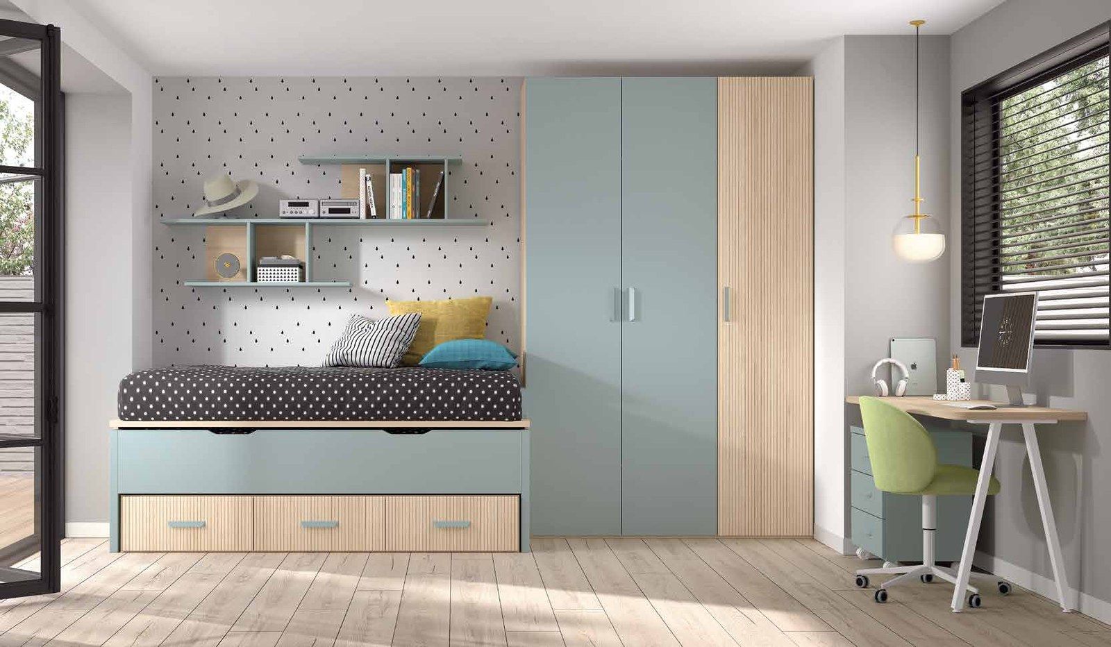 Dormitorio juvenil W•001 con compacto con dos camas de colchón de la misma medida y acabados LANK, OCEAN, ÁMBAR.