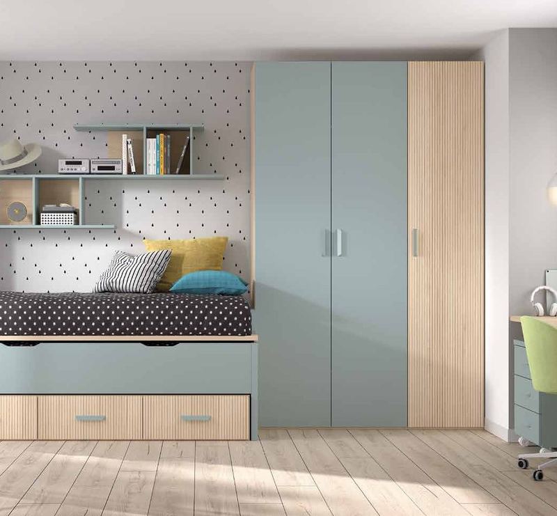 Dormitorio juvenil W•001 con compacto con dos camas de colchón de la misma medida y acabados LANK, OCEAN, ÁMBAR.