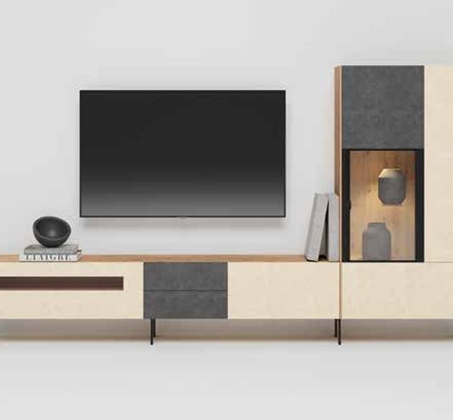 Fotografía de composición modular de salón de la colección FRESH, en acabado Amazonas / Arena / Grafito.